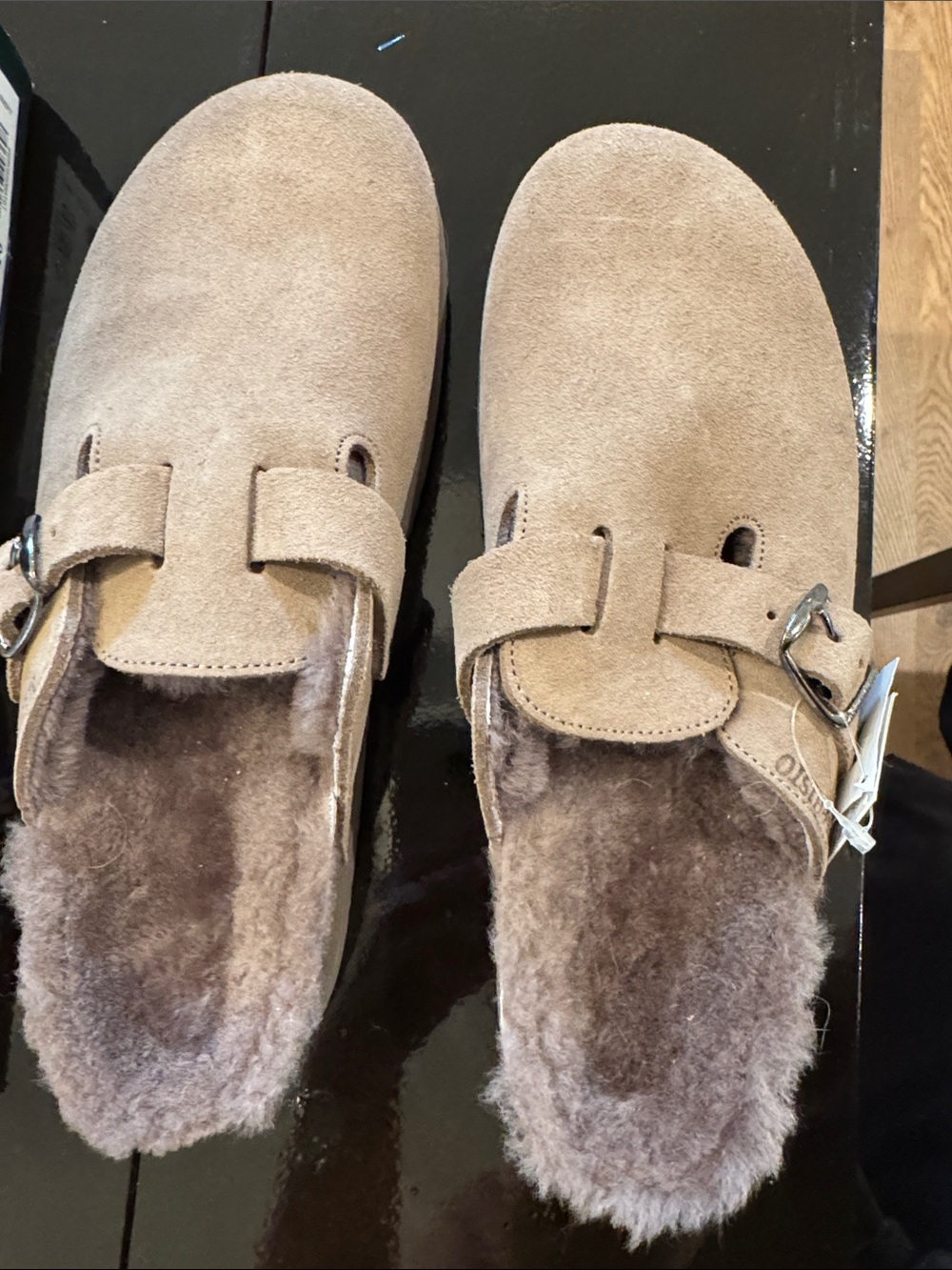 Mephisto Suede Shearling-Lined Slip-On Clogs - Taupe - NIB. Paid $250.